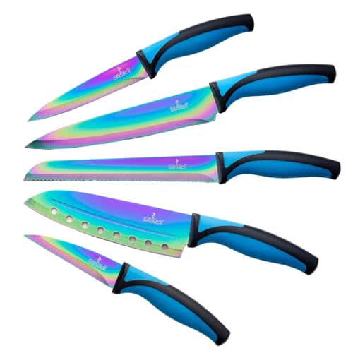 SiliSlick Messerset, 5 Scharfe Küchenmesser als Set zum Kochen, Hochwertige Klingen aus Edelstahl, Titanbeschichtung mit Regenbogeneffekt, Ergonomische Griffe, Blau Griff von SiliSlick