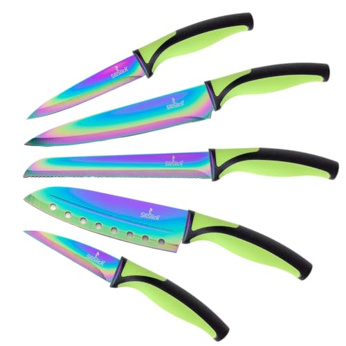 SiliSlick Messerset, 5 Scharfe Küchenmesser als Set zum Kochen, Hochwertige Klingen aus Edelstahl, Titanbeschichtung mit Regenbogeneffekt, Ergonomische Griffe, Grüner Griff von SiliSlick