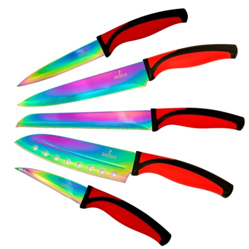 SiliSlick Messerset, 5 Scharfe Küchenmesser als Set zum Kochen, Hochwertige Klingen aus Edelstahl, Titanbeschichtung mit Regenbogeneffekt, Ergonomische Griffe, Roter Griff von SiliSlick