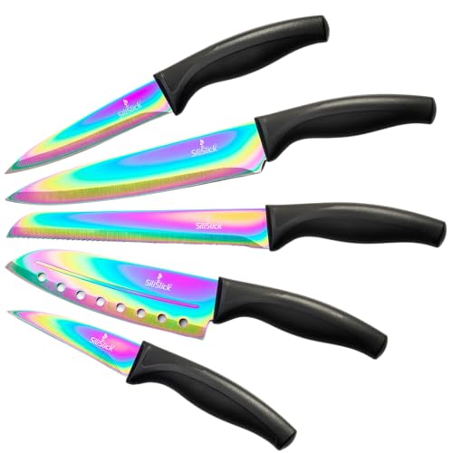 SiliSlick Messerset, 5 Scharfe Küchenmesser als Set zum Kochen, Hochwertige Klingen aus Edelstahl, Titanbeschichtung mit Regenbogeneffekt, Ergonomische Griffe, Schwarzer Griff von SiliSlick