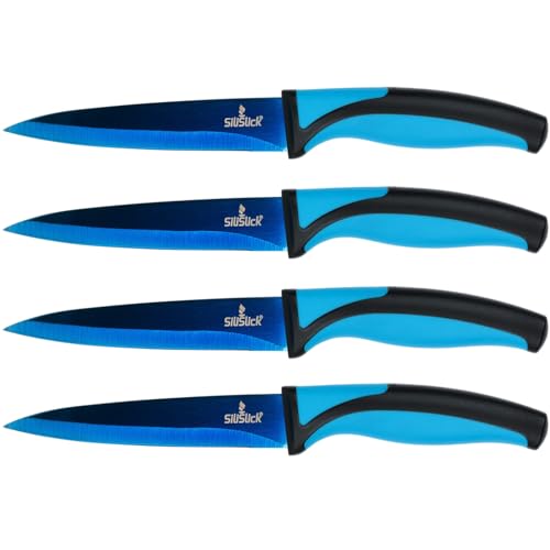 SiliSlick Steakmesser Set - Schillernd/Regenbogen Titanbeschichtete Edelstahlmesser - 5 Zoll / 12,7 cm - (4 Blau Griff, Blau Klinge) von SiliSlick