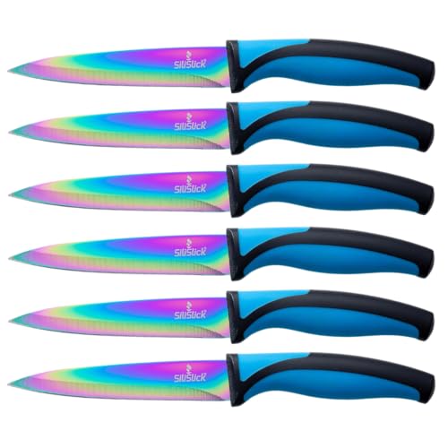SiliSlick Steakmesser Set - Schillernd/Regenbogen Titanbeschichtete Edelstahlmesser - 5 Zoll / 12,7 cm - (6 Blau) von SiliSlick