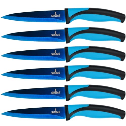 SiliSlick Steakmesser Set - Schillernd/Regenbogen Titanbeschichtete Edelstahlmesser - 5 Zoll / 12,7 cm - (6 Blau Griff, Blau Klinge) von SiliSlick