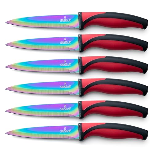 SiliSlick Steakmesser Set - Schillernd/Regenbogen Titanbeschichtete Edelstahlmesser - 5 Zoll / 12,7 cm - (6 Rot) von SiliSlick