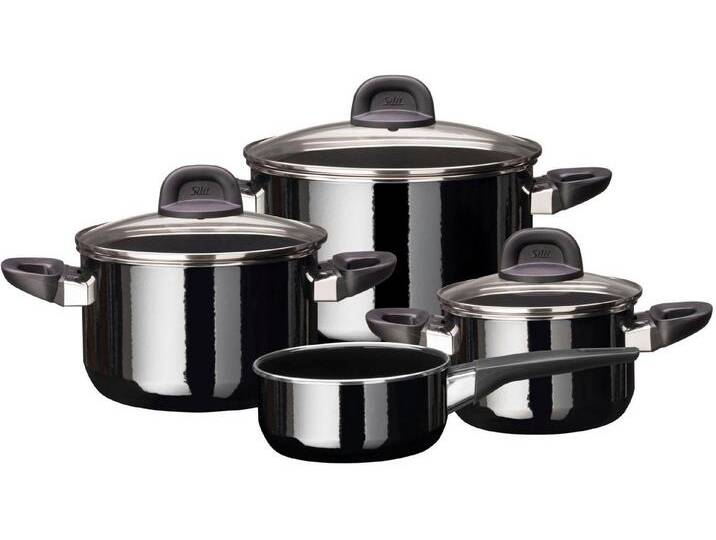 Silit Topf-Set Modesto Line Black, Induktionstöpfe spülmaschinengeeignet, Silargan® (Set, 7-tlg., je 1 Fleischtopf mit Deckel Ø 16/20/24 cm, 1x Stielkasserolle Ø 16 cm), für alle gängigen Herdarten geeignet von Silit