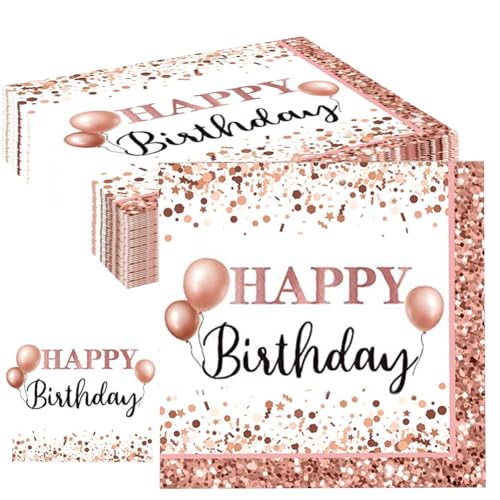 60 Stück Servietten Geburtstag Rosegold, Happy Birthday Servietten, Celebration Party Servietten Tischdeko, 33x33cm Servietten Geburtstag für Frau Mädchen Geburtstag Party Deko von Silkwish