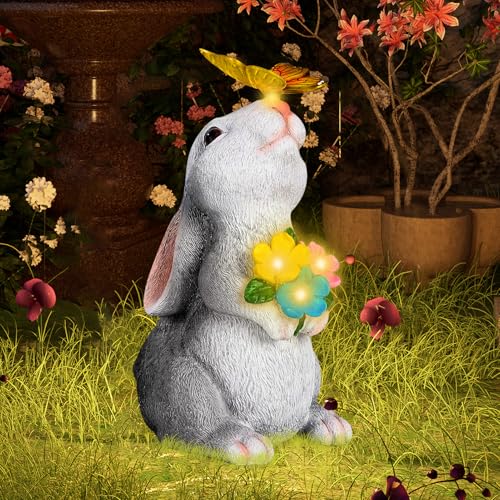 Kaninchen Deko mit Solar Laterne Gartendeko Figuren, Kaninchen Gartenstatuen mit Solarlicht, Osterhase mit Schmetterling Blumen, Gartendeko Statue mit solar für Rasen Balkon Teich Garten Draußen Deko von Silkwish
