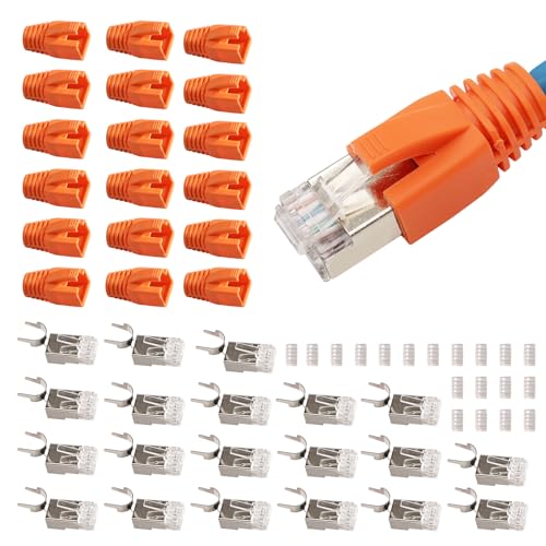 Silkwish 20er Set FGB 10Gbps RJ45 Stecker CAT 7 CAT 6A - Netzwerkstecker mit Einfädelhilfe und Knickschutz, Pass-Through & Geschirmt, 50μ Vergoldet, Lan Stecker für Verlegekabel AWG23 POE von Silkwish
