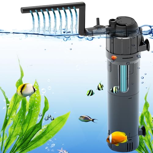 Silkwish 5-in-1 Aquarium Innenfilter, 5 Watt Aquarium Pumpe, 6 Watt UVC Lampe mit Timer, Einstellbarer 500L/H Aquarium Filter, innenfilter Aquarium, für kleine Aquarien, Schildkrötenbecken von Silkwish