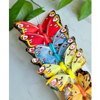 12 3" Mix Feder Schmetterlinge Auf Draht - Auge Flügel Bunte Künstliche Schmetterlinge, Kuchen Topper Floral Akzente von SilkyBlossom