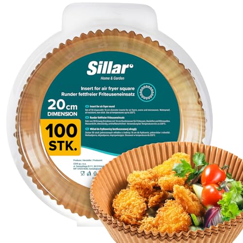 Sillar Backpapier für Heißluftfritteuse, Airfryer Backpapier Rund 20cm 100 Stück Ölfest Antihaftbeschichtung Pergamentpapier Liner Airfryer Zubehör für Heißluftfritteuse Ofen Mikrowelle bis 220°C von Sillar