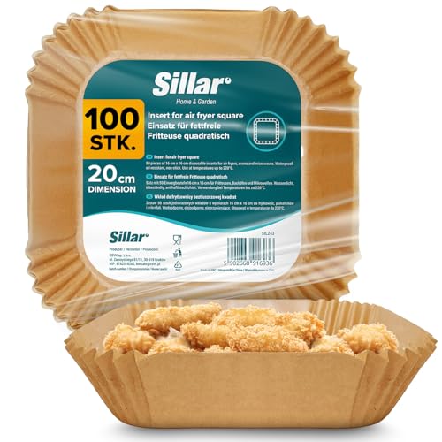 Sillar Backpapier für Heißluftfritteuse Airfryer Backpapier Quadratische 20x20cm 100 Stück Ölfest Antihaftbeschichtung Pergamentpapier Airfryer Zubehör für Heißluftfritteuse Ofen Mikrowelle bis 220°C von Sillar