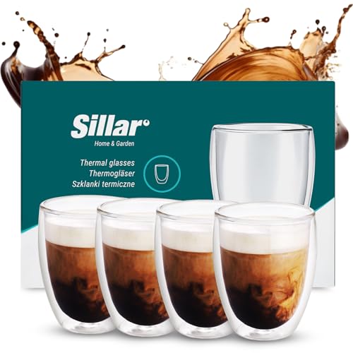 Sillar Doppelwandig Kaffeegläse Latte Machiatto Gläser | Großes Hitzebeständiges 4 Stück x 350 ml Doppelwandglas Thermogläser | Kaffeegläser temperaturbeständig Mokkatassen, Teegläser von Sillar