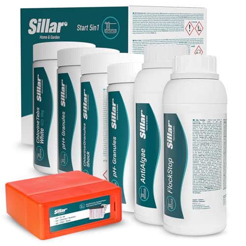 Sillar Pool Starter 7 in 1 Pool-Reinigungsset I Pool Zubehör I Pooltester pH/Cl-Messgerät, pH-Senker, Chlorgranulat, Klärmittel, Mittel gegen Algen, schrittweise Freisetzung von Chlor in Tabletten von Sillar