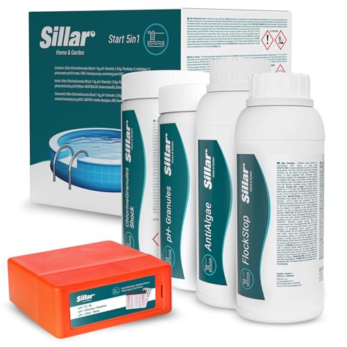 Sillar Pool Starter Set 5 in 1 I Pool-Reinigungsset komplett zur Wasserpflege I Pool Zubehör Set I Pooltester pH/Cl-Messgerät, pH-Senker, Chlorgranulat, Klärmittel, Mittel gegen Algen Sillar Pool Starter Set 5 in 1 I Pool-Reinigungsset komplett zur Wasserpflege I Pool Zubehör Set I Pooltester pH/Cl-Messgerät, pH-Senker, Chlorgranulat, Klärmittel, Mittel gegen Algen von Sillar