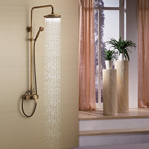 Badewannen-Duschset Antikes Duschsystem Messing Wandmontage Duscharmatur Einhandgriff Kalt Heißer Wasserhahn 20,3 cm Duschkopf + Handbrause von SilteD