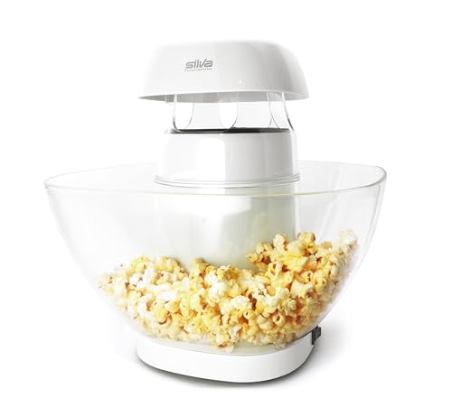 Silva Schneider Heißluft-Popcornautomat PM 440, 1200 W – fettfreie Zubereitung in 2 Min., inkl. 4,5 L Schüssel, automatische Abschaltung, Ein/Aus-Schalter, rutschfest – Weiß von Silva Schneider