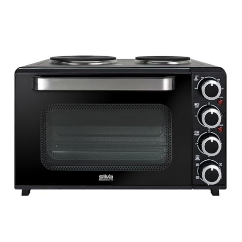 Silva Schneider Kleinküche KK 3200 mit Umluft | 30 l Garraum | 3200W | Backrohr 1600W | Umluft-Funktion | 2 Kochplatten | Inkl. Pizzastein & Drehspieß | schwarz von Silva Schneider
