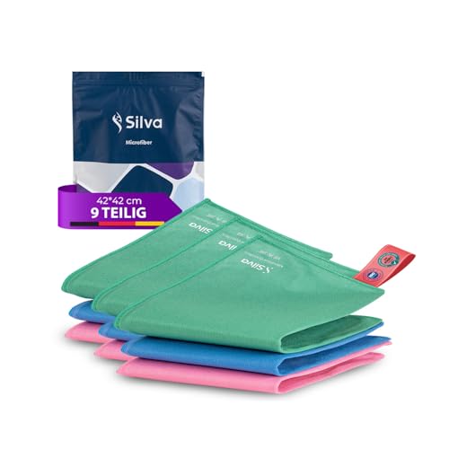Silva Mikrofasertücher 42x42 cm – 9er Set Reinigungstücher – Streifenfreie Fenster- & Spiegelputztücher – Fusselfrei für Küche, Bad, Auto & Möbel – Hochwertige Microfiber Tücher von Silva
