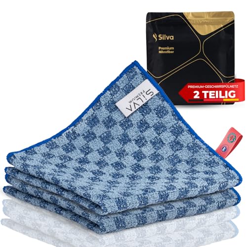 Silva Premium Mikrofasertücher 2er Set – Kratzfreies Scheuertuch für hartnäckigen Schmutz & Fett – Hohe Saugfähigkeit (20-fache Saugkraft) – Sicher für Teflon-Pfannen, langlebig (30x30 cm) von Silva