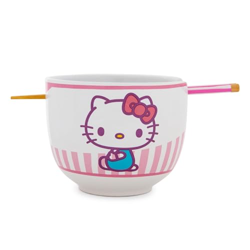Sanrio Hello Kitty Tokyo Pink Stripes Keramik Ramen Geschirr-Set | inkl. 590 ml Nudelschale, Essstäbchen aus Holz von Silver Buffalo