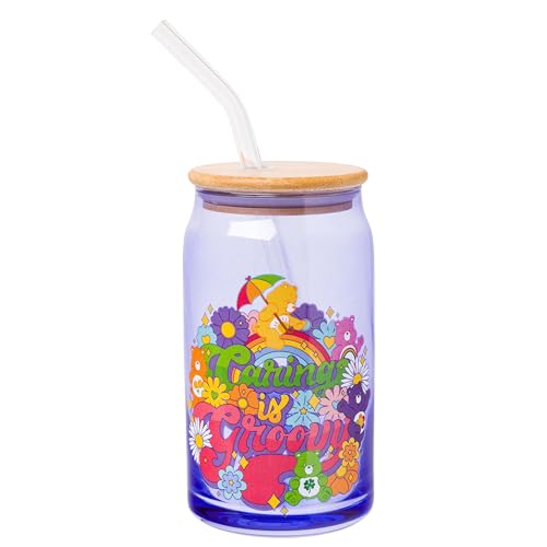 Silver Buffalo Care Bears Retro Flower Power Caring is Groovy Featuring Funshine, Friend, Good Luck, Harmony, Cheer Bear Purple Glass Jar Tumbler with Bamboo Lid and Glass Straw, 473.6 g Silver Buffalo Care Bears Retro Flower Power Caring is Groovy Featuring Funshine, Friend, Good Luck, Harmony, Cheer Bear Purple Glass Jar Tumbler with Bamboo Lid and Glass Straw, 473.6 g von Silver Buffalo