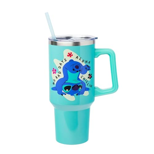 Silver Buffalo Disney Lilo and Stitch Aloha No Bad Days Chillin' Edelstahlbecher mit Griff und Strohhalm, passt in Standard-Becherhalter, 1,2 l von Silver Buffalo