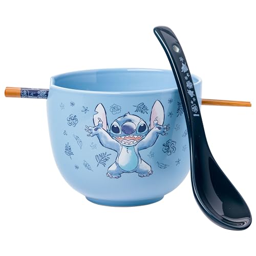 Silver Buffalo Disney Lilo and Stitch Hands Up Leaves and Flowers Keramik-Ramen-Nudel-Reisschale mit Essstäbchen und Löffel, mikrowellengeeignet, 590 ml von Silver Buffalo