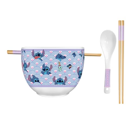 Silver Buffalo Disney Lilo and Stitch Scrump Waves japanisches Muster Keramik Ramen Nudel Reisschale mit Essstäbchen und Löffel, mikrowellengeeignet, 590 ml von Silver Buffalo