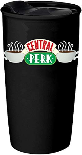 Silver Buffalo Friends Central Perk Keramik-Reise-Kaffeetasse mit Deckel für Cappuccino, Latte, heißen Kakao oder heißen Tee, 284 ml, Schwarz von Silver Buffalo