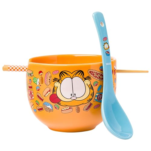 Silver Buffalo Garfield Hungry Junk Food Keramik-Ramen-Nudel-Reisschale mit Essstäbchen und Löffel, mikrowellengeeignet, 590 ml von Silver Buffalo