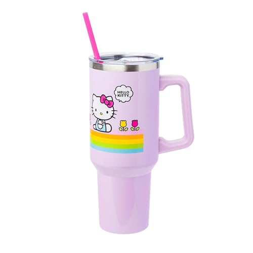 Silver Buffalo Sanrio Hello Kitty Edelstahlbecher mit Griff und Strohhalm, passend in Standard-Becherhalter, 1,2 l, Regenbogenstreifen von Silver Buffalo