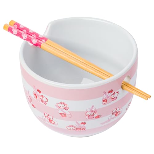 Silver Buffalo Sanrio Hello Kitty Erdbeermilchmuster Keramik Ramen Nudel Reisschale mit Essstäbchen, mikrowellengeeignet, 590 ml von Silver Buffalo