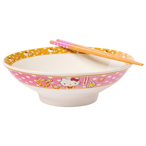 Silver Buffalo Hello Kitty Ramenschüssel aus Keramik mit Essstäbchen, 850 ml, Rosa und Gold Muster mit Blumen von Silver Buffalo