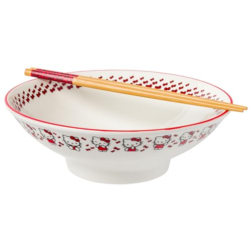 Silver Buffalo Hello Kitty Reisschale aus Keramik, rote Streifen und Schleifen, mit Essstäbchen, mikrowellengeeignet, 850 ml Silver Buffalo Hello Kitty Reisschale aus Keramik, rote Streifen und Schleifen, mit Essstäbchen, mikrowellengeeignet, 850 ml von Silver Buffalo