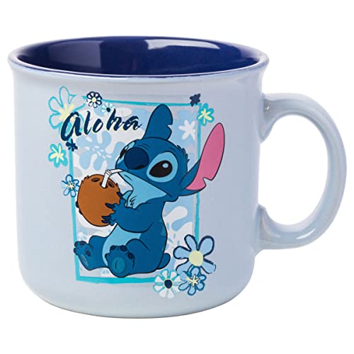 Silver Buffalo LI1240E1 Coconut Frame Ceramic Camper Mug Tasse mit Kokosnuss-Rahmen, Keramik, Motiv: Stitch Aloha, Blue von Silver Buffalo