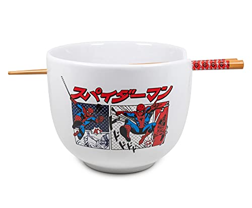 Silver Buffalo Marvel Spider-Man japanische Manga-Comic-Paneele, Keramik, Ramen-Nudel-Reisschale mit Essstäbchen, mikrowellengeeignet, 590 ml von Silver Buffalo