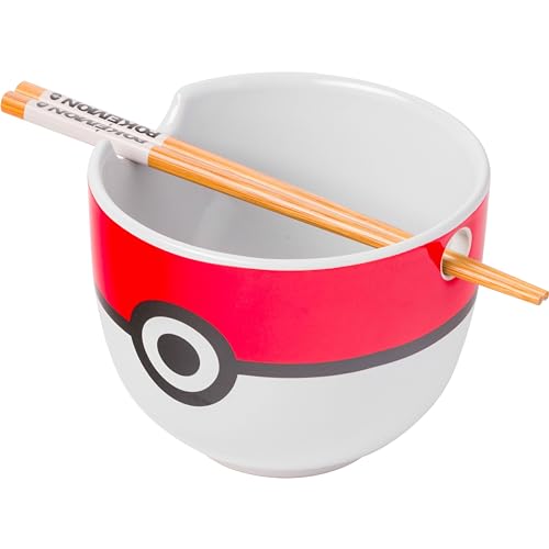 Silver Buffalo Pokemon Pokeball Ramen-Nudelschale aus Keramik mit Essstäbchen, mikrowellengeeignet, 590 ml von Silver Buffalo