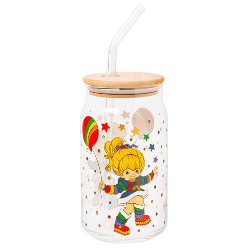Silver Buffalo Rainbow Brite Einmachglas mit Ballonsternen und Bambusdeckel und Glasstrohhalm, 473 ml von Silver Buffalo
