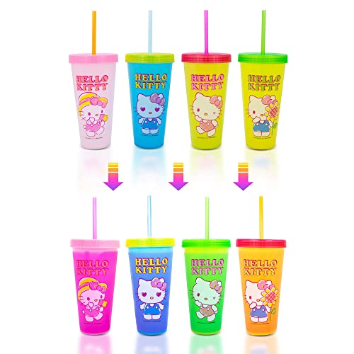 Silver Buffalo Sanrio Hello Kitty Summertime Gardening Kunststoffbecher mit Farbwechsel, inklusive Deckel und Strohhalm, 680 ml, 4 Stück von Silver Buffalo