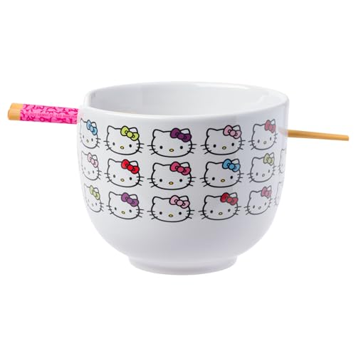 Silver Buffalo Sanrio Hello Kitty Gesichter und Schleifen Muster Keramik Ramen Reisschale mit Essstäbchen, 590 ml von Silver Buffalo