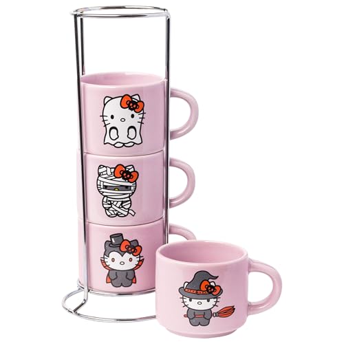 Silver Buffalo Sanrio Hello Kitty Halloween stapelbares Keramikbecher-Set mit Aufbewahrungsregal, 85 ml, 4 Stück von Silver Buffalo