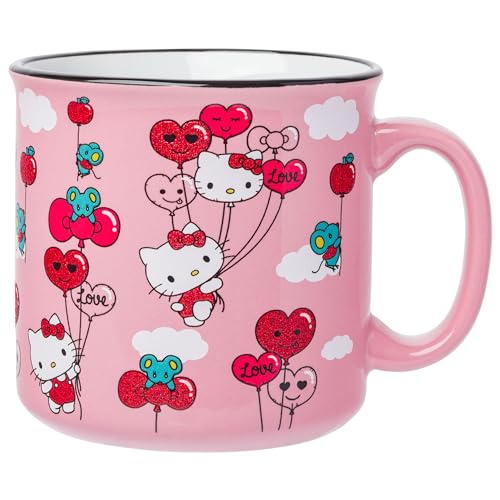 Silver Buffalo Sanrio Hello Kitty Keramiktasse mit Herz, Schleife und Apfelballons, Glitzermuster mit Joey die Maus, 590 ml, Rot und Rosa von Silver Buffalo