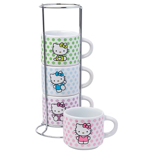 Silver Buffalo Sanrio Hello Kitty Polka Dots 4-teiliges stapelbares Keramik-Espressotassen-Set, 85 ml von Silver Buffalo