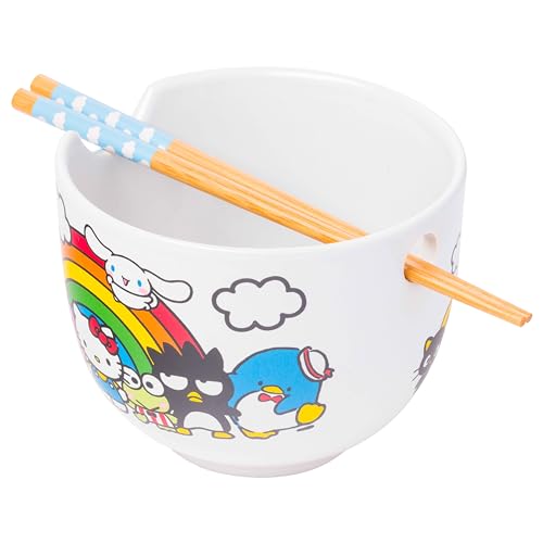 Silver Buffalo Sanrio Hello Kitty and Friends Rainbow Featuring Chococat, Pompompurin, My Melody, Keroppi, Badtz-Maru, Smoking Sam, Cinnamoroll Ceramic Ramen Reisschale mit Essstäbchen, 590 ml von Silver Buffalo