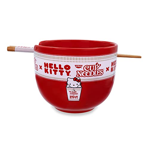 Silver Buffalo Sanrio Hello Kitty x Nissin Tassen-Nudeln, rotes Keramik-Geschirr-Set, inklusive Ramen-Nudelschale und Essstäbchen aus Holz von Silver Buffalo