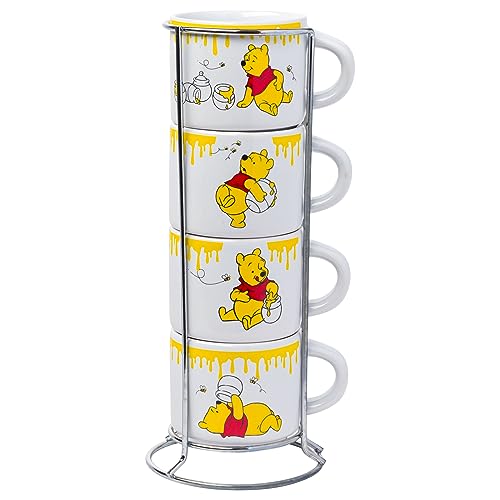 Silver Buffalo Disney Winnie Puuh Honey Hunny Drips 4-teiliges stapelbares Keramik-Espresso-Tassen-Set, 85 ml von Silver Buffalo