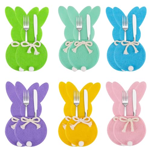 Besteckhalter Osterhase, SilverChry12pcs Bestecktasche Filz Hase, Set Deko Ostern Hase Bestecktasche, Filz Bestecktasche Ostern, Wiederverwendbar Hasenform Bestecktasche Tischdeko (Kaninchenform) von SilverChry