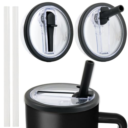 SilverChry Ersatzdeckel für 40oz Becher, 2 stück Travel Tumbler Deckel, Auslaufsicher, Deckel für Stanley Cup mit 2 Strohhalmen(Schwarz) von SilverChry