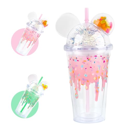 SilverChry Trinkbecher mit Strohhalm und Deckel 450ml, Eiskaffee Becher, Trinkbecher Doppelwandige Niedliche - Bär Eiscreme Design, Bubble Tea Becher, Matcha Gläser Reisebecher Schnabeltasse von SilverChry